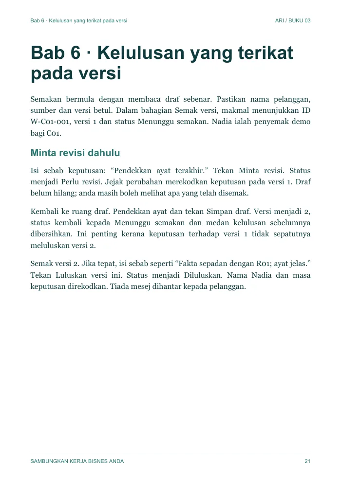 Halaman Bab 6: kelulusan yang terikat pada versi, bermula dengan semakan draf.